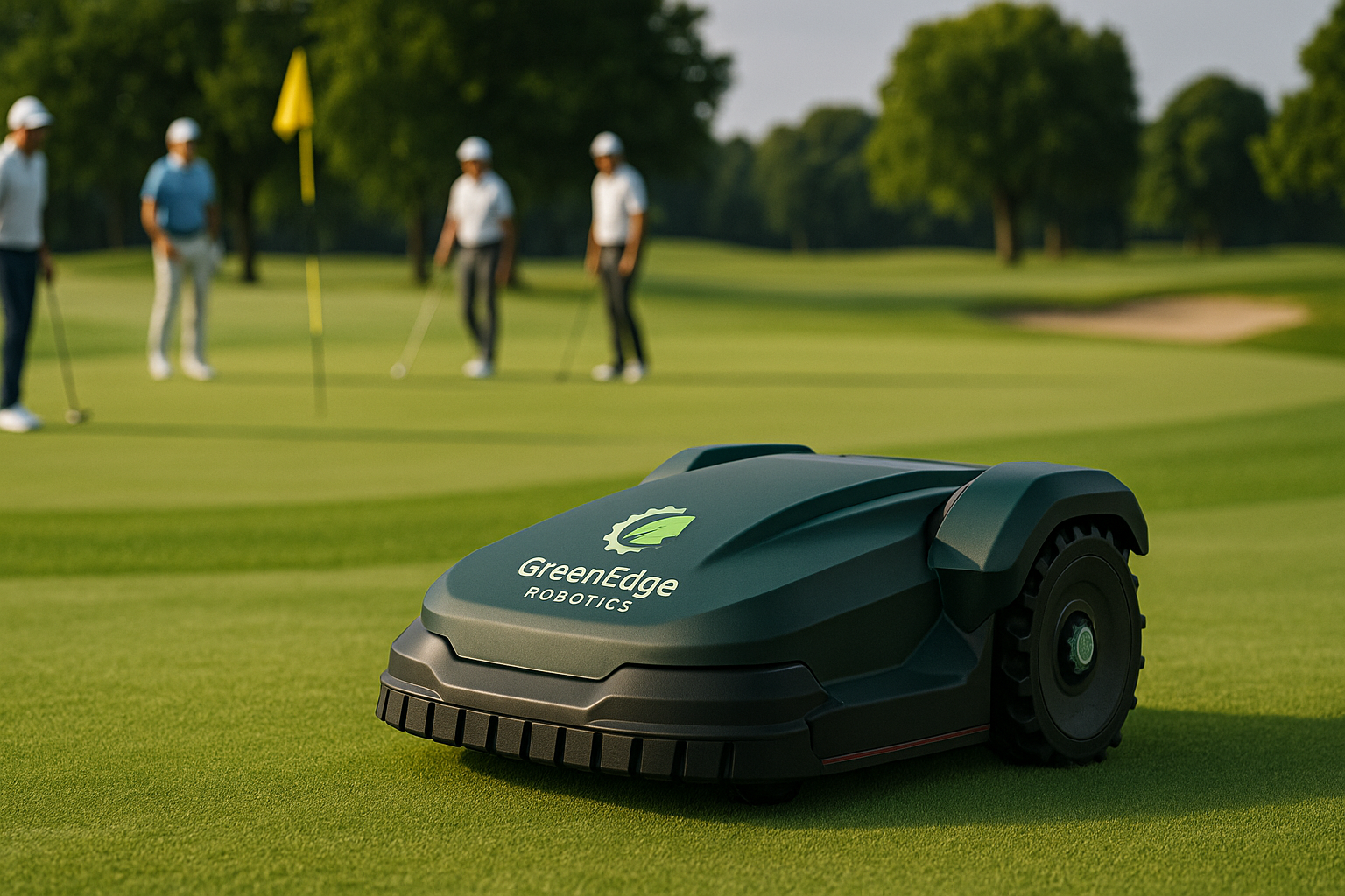 Autonomous mower on a luxury resort lawn at sunset