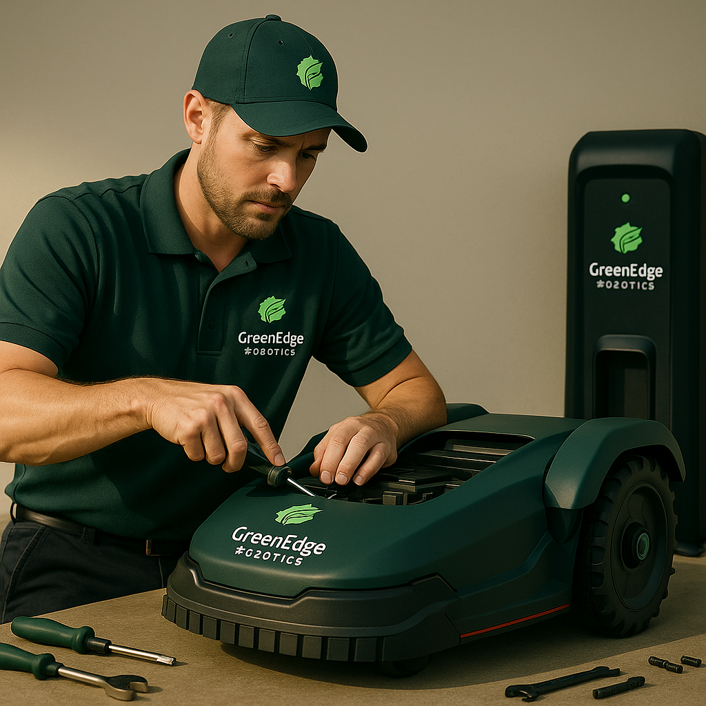 Technician performing maintenance next to charging dock