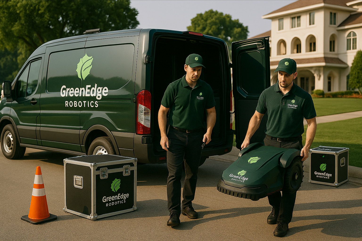 Team unloading mower from van